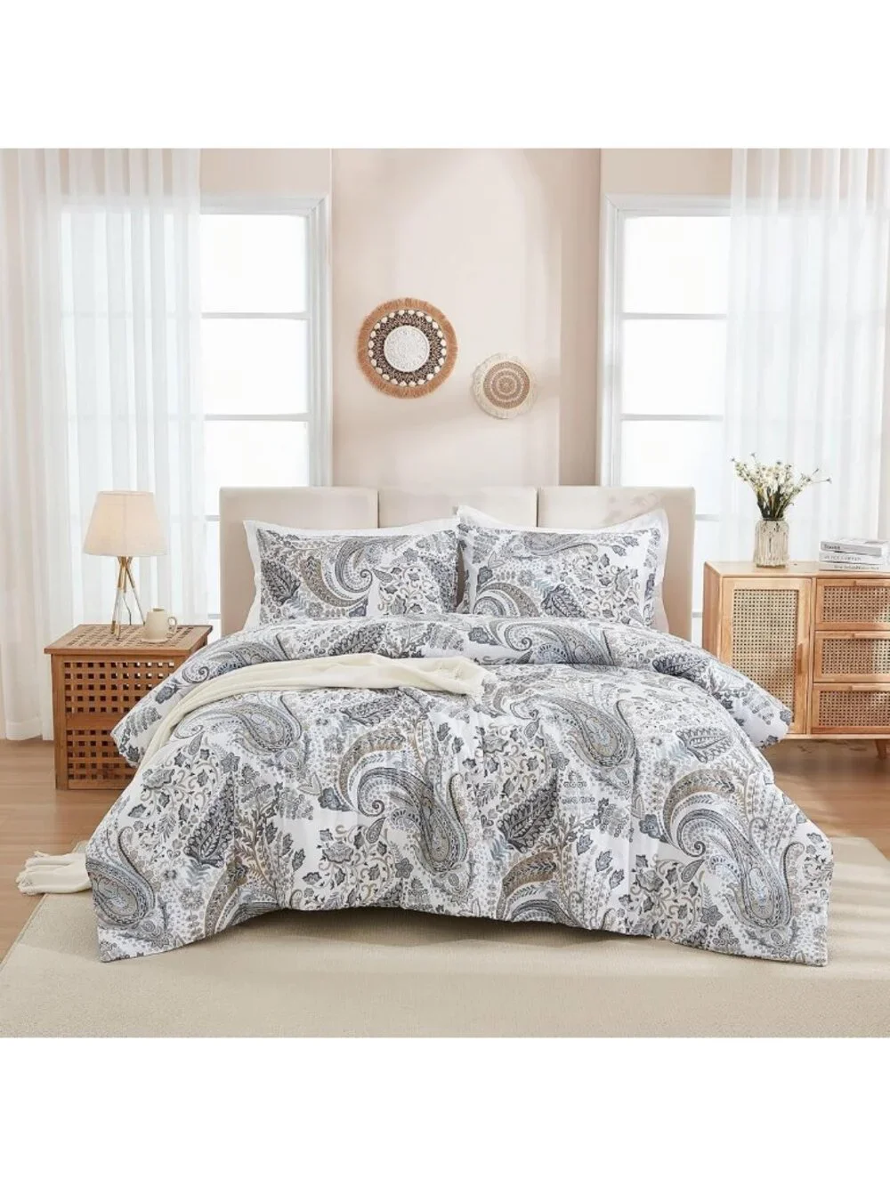 Queen Size Grey Blue Paisley Comforter Set - 3 Piece Lightweight Boho Bedding